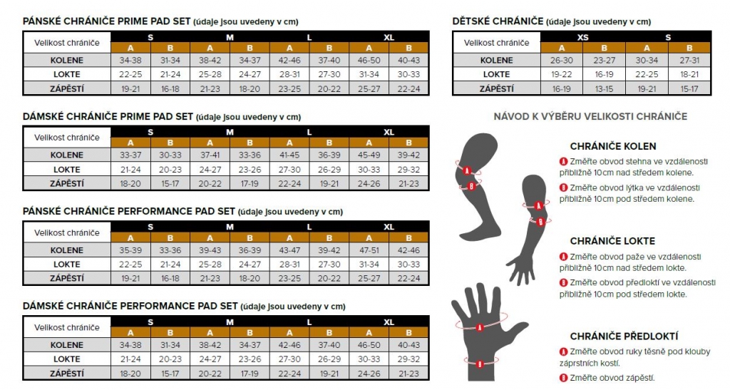 Velikostní tabulky K2 sada chráničů Prime W Pad Set